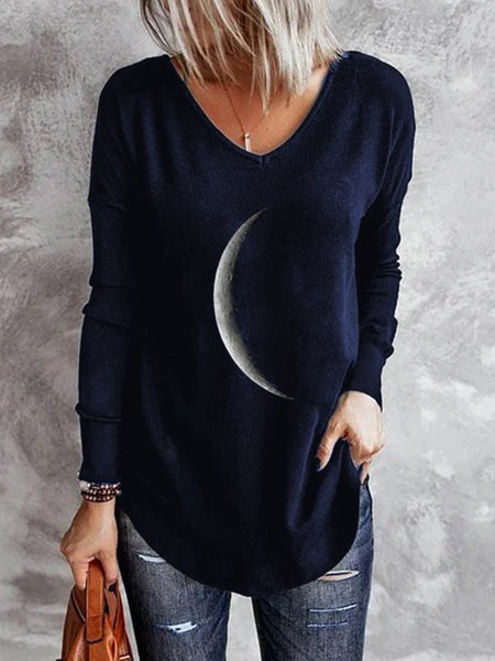 

Moon Printed V Neck Casual Long Sleeve Shift Top, Purplish blue, Long sleeves
