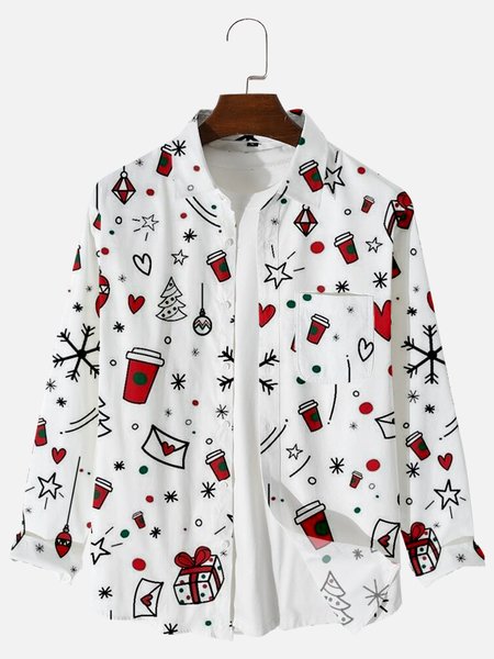

Christmas Casual Shirt Collar Shirts & Tops, White, Long Sleeves Shirts