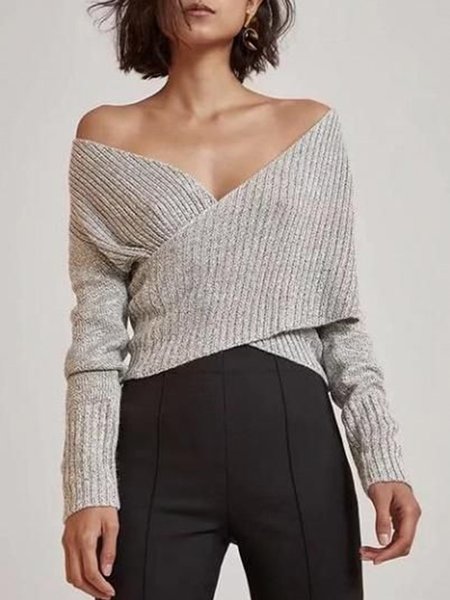 

Off Shoulder Lady Sheath Long Sleeve Sweater, As picture, Pullovers