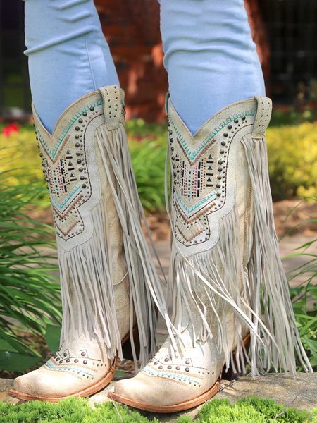 

Casual Ethnic Tassel Embroidered Boots, Khaki, Boots