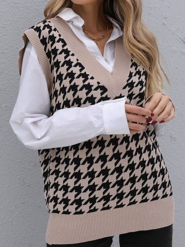 

V Neck Sleeveless Jersey Casual Sweater, Khaki, Sweaters