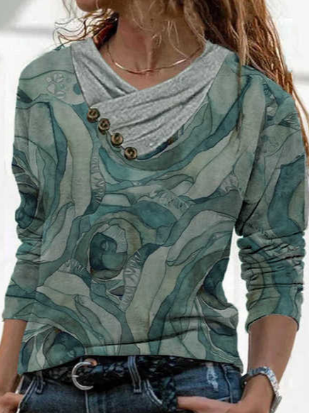 

Long Sleeve Casual Abstract Cowl Neck Top, Green, Long sleeve tops