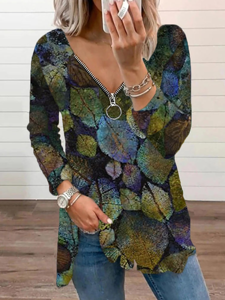

taglia grande Maniche Lunghe Le foglie Stampato Top, Verde, Blouses & Shirts