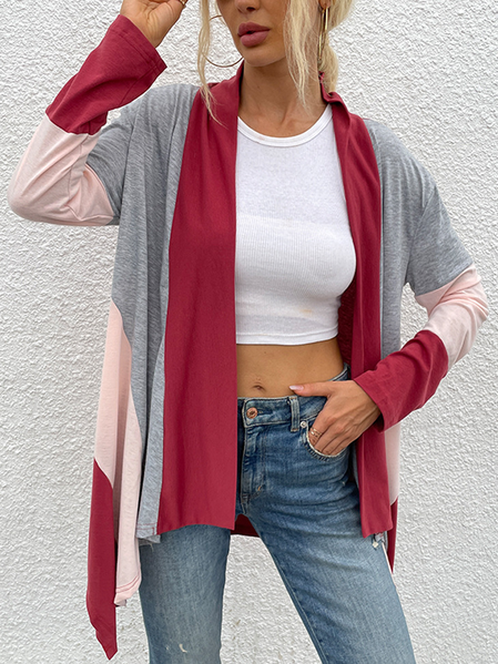 

Casual Color-Block Long Sleeve Outerwear, Red, Cardigans