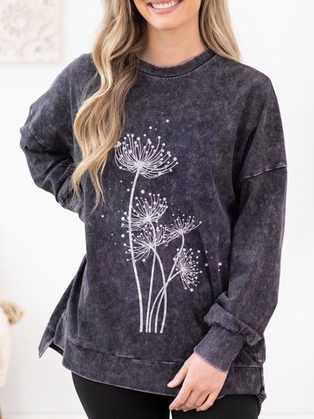 

Floral Casual Cotton-Blend Long Sleeve Sweatshirt, Gray, Hoodies & Sweatshirts