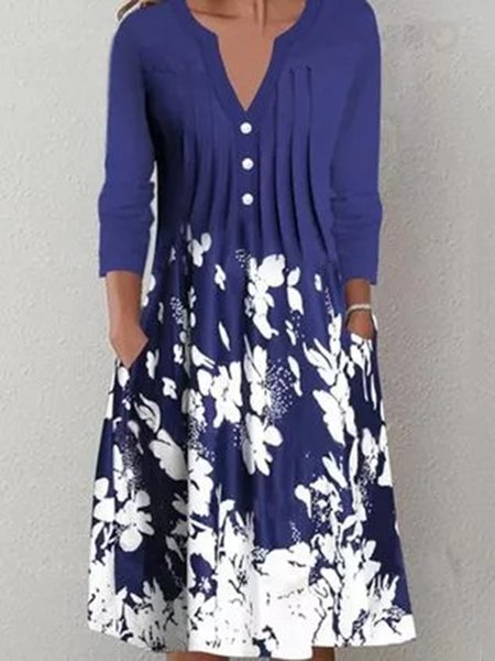 

Blu Stampata Floreale A-line Casuale Maniche Lunghe Abito, Midi Dresses