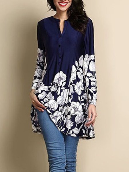 

Long Sleeve V Neck Floral T-shirt, Purplish blue, T-Shirts