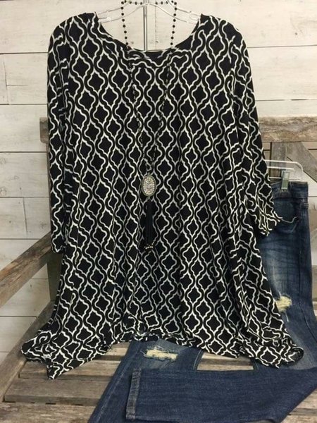 

3/4 Sleeve Floral-Print Geometric Crew Neck Shirts & Tops, Black-white, T-Shirts