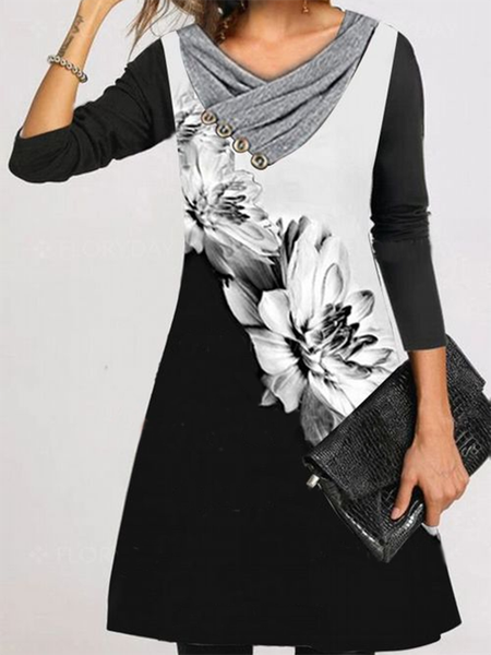 

Maniche Lunghe Misto Cotone Scollo a V Stampato Abito, Come immagine, Midi Dresses