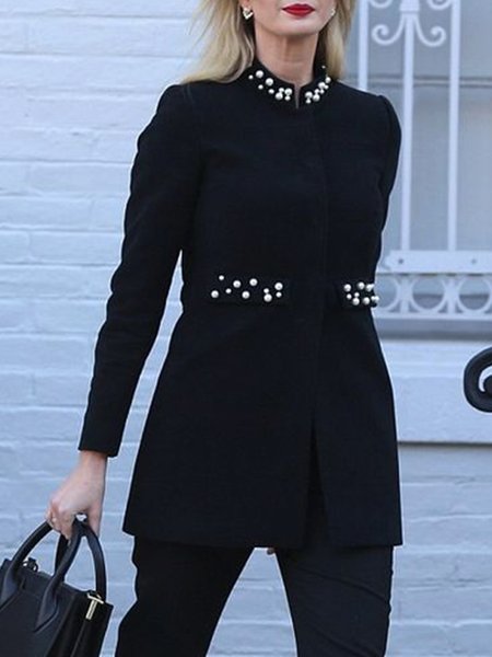 

Elegant Long Sleeve Stand Collar Solid Blazer, Black, Blazers