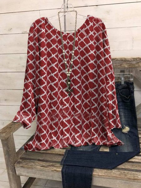 

Crew Neck Geometric Floral-Print Long Sleeve Shirts & Tops, Red, T-Shirts