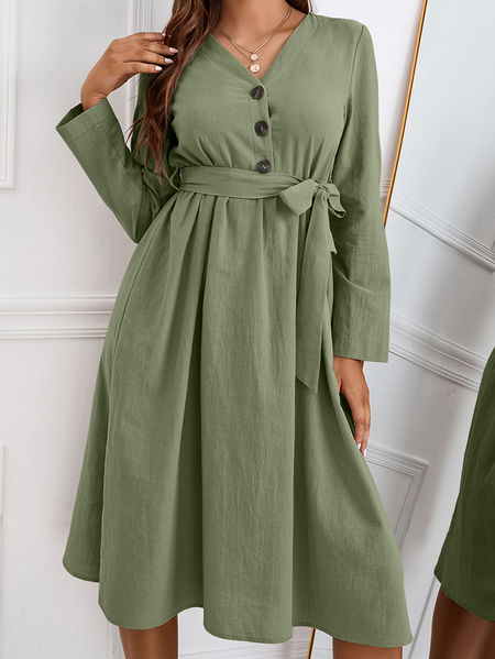 

Long Sleeve V Neck A-Line Holiday Dresses, Army green, Midi Dresses
