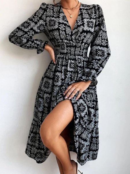 

Vintage Geometrico Stampata Floreale Scollo a V Maniche Lunghe taglia grande Gonna Casuale, Nero, Casual Dresses