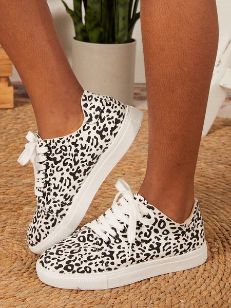 

Leopard Print Lace-up Casual Sneakers, White, Athletic & Casual Shoes