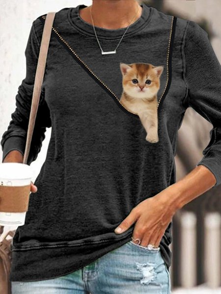 

Nero Gatto Stampato Maniche Lunghe Dritto Casuale Girocollo Top, Blouses & Shirts