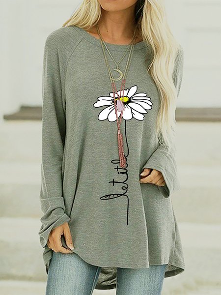 

Stampato Floreale Maniche Lunghe Floreale Vintage Top, Grigio argento, T-Shirts