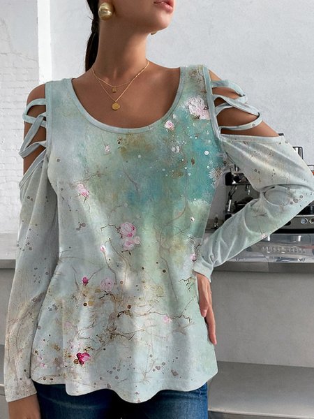 

Cotton-Blend Long Sleeve Floral Casual Shirts & Tops, Green, Tops