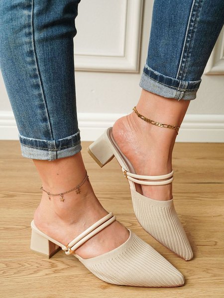 Casual Simple Knit Pointed-toe Mules, Off white, Sandals