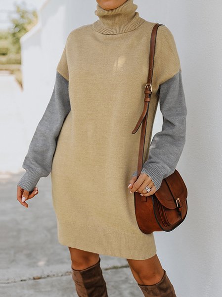 

Turtleneck Shawl Collar Paneled Long Sleeve Dresses, Khaki, Midi Dresses