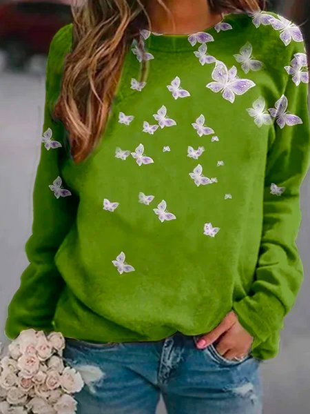 

Misto Cotone Farfalla Maniche Lunghe Casuale Felpa, Verde, Tops