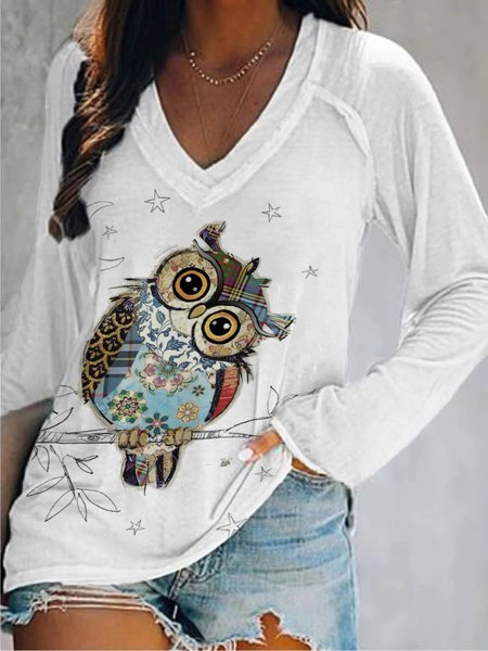 

Casual Long Sleeve Round Neck Plus Size Printed Tops T-shirts, White, T-Shirts