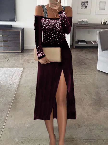 

Abito Sexy Astratto Misto Cotone Maniche Lunghe, Crimson, Casual Dresses