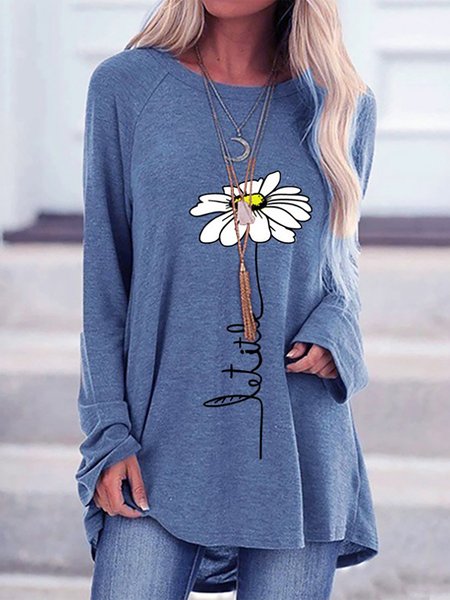 

Stampato Floreale Maniche Lunghe Floreale Vintage Top, Blu, T-Shirts