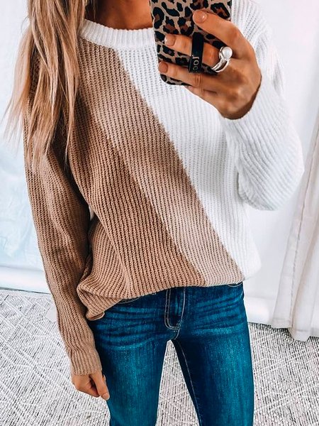 

Maniche Lunghe Misto Cotone Girocollo Maglione, Cachi, Sweater