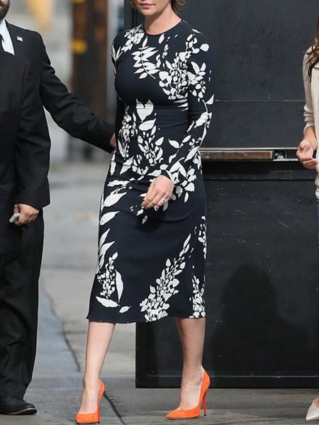 

Long Sleeve Floral Crew Neck Dress, Black, Midi Dresses