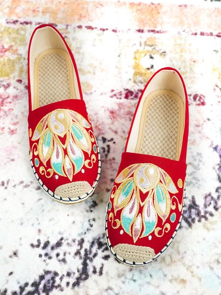 

Retro Ethnic Embroidered Woven Flat Shoes, Red, Flats