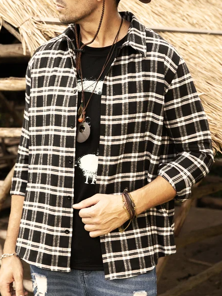 Vintage Plaid Long Sleeve Overshirt, Black, Men's shirts