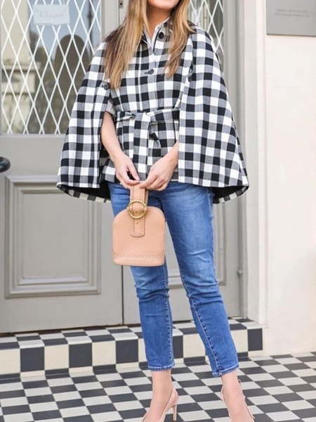 

Fall A-line Shirt Collar Work Long Sleeve Blazer, Black-white, Blazers