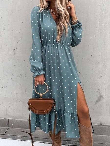 

Vintage Maniche Lunghe A-line Abito, Blu, Midi Dresses