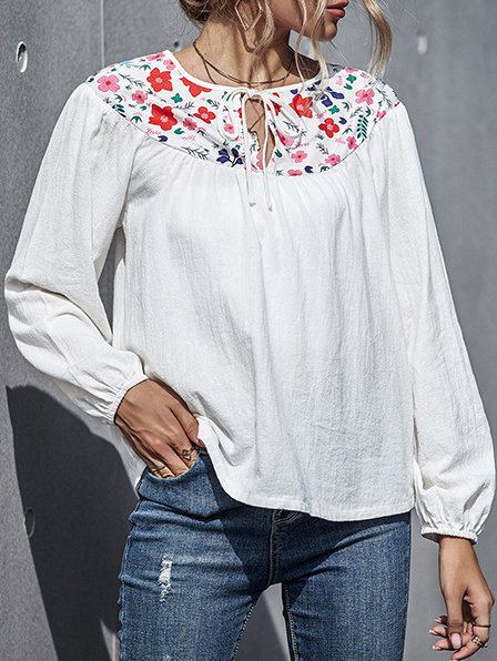 

Boho Embroidery Floral Long Sleeve Shirts & Tops, White, Long sleeve tops