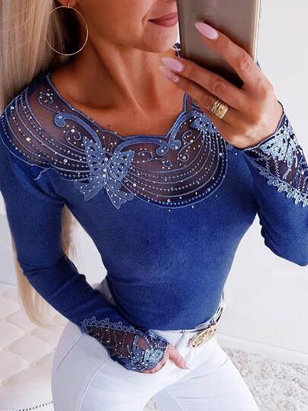 

V Neck Plain Long Sleeve Shirts & Tops, Lightblue, T-Shirts