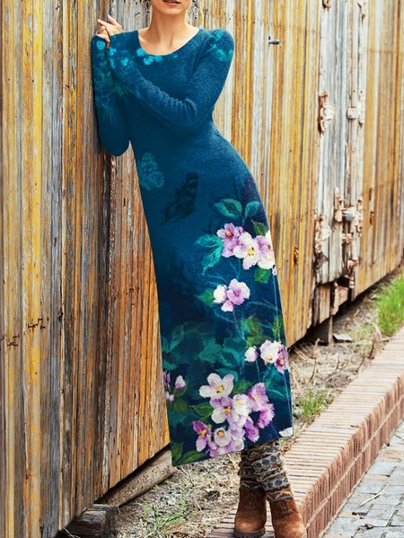

Cotton-Blend Long Sleeve Casual Dresses, As picture, Maxi Dresses