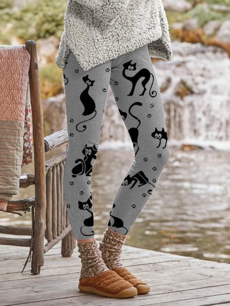 

Cotton Printed Long Sleeve Casual Pants, Gray, leggings