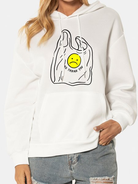 

Casual and simple fun expression pattern printed hooded long-sleeved polyester sweatshirt, White, Hoodies