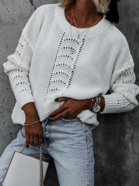 

Cotton-Blend Long Sleeve Sweater, White, Sweaters