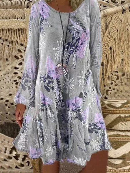 

Grigio Stampata Floreale Casuale Vintage A-line Maniche Lunghe Abito, Midi Dresses