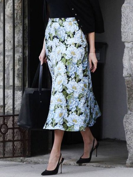 

Floral A-Line Skirt, Blue, Midi Skirts