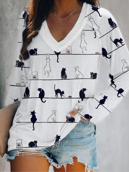 

V Neck Long Sleeve Printed Casual Shirts & Tops, As picture, T-Shirts