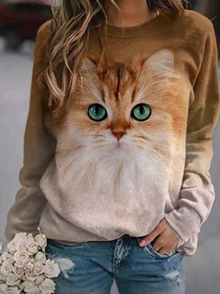 

Marrone Gatto Stampato Casuale Maniche Lunghe Dritto Top, Tops