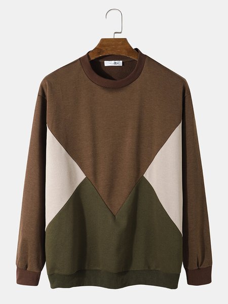 

Mens Irregular Color Block Stitching Crew Neck Pullover Street Sweatshirts, Brown, Men's shirts