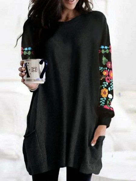 

Maniche Lunghe Girocollo Stampato Floreale Floreale Camicie & Top, Nero, Tops