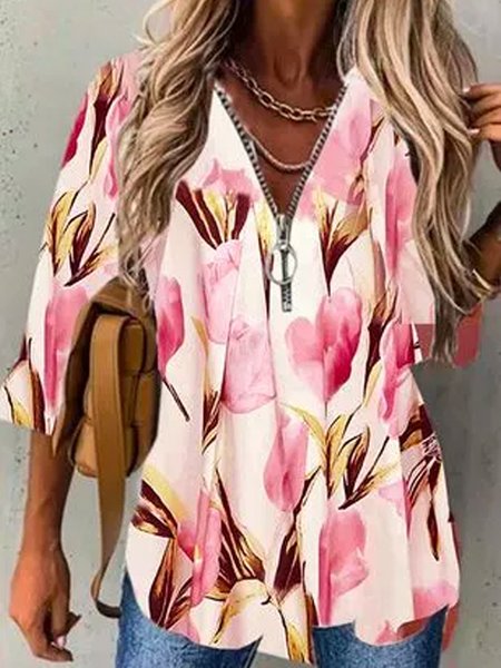 

V Neck Sweet Floral Long Sleeve Shirts & Tops, Pink, Blouses & Shirts