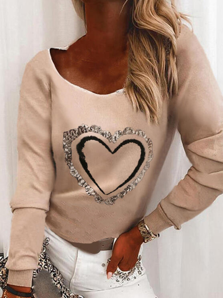 

Casual Geometric Long Sleeve Cotton-Blend Shirts & Tops, Khaki, Tops
