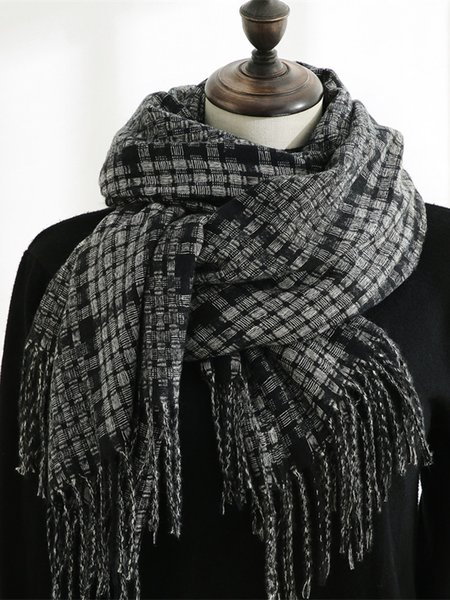 

Cashmere Casual Plaid Fringed Scarf, Black, Scarves