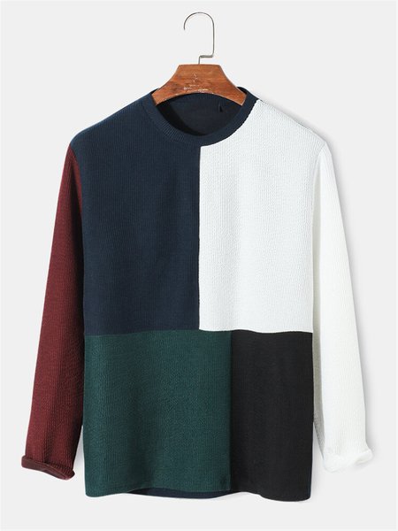 

Mens Color Block Knitted Stitching Overhead Long Sleeve T-Shirt, Multicolor, Men's shirts
