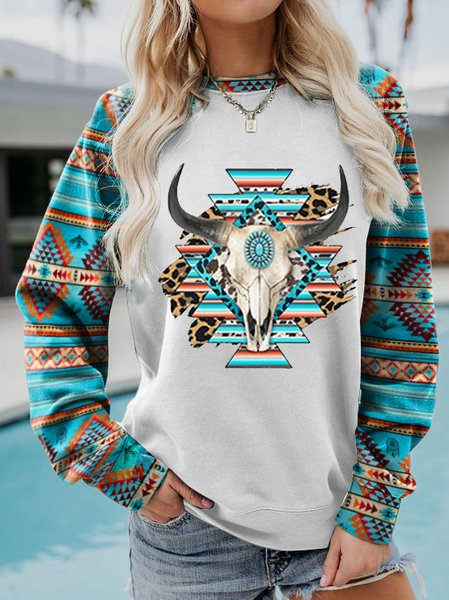 

Casual Round Neck Cotton-Blend Tribal Sweatshirt, Blue, Hoodies & Sweatshirts